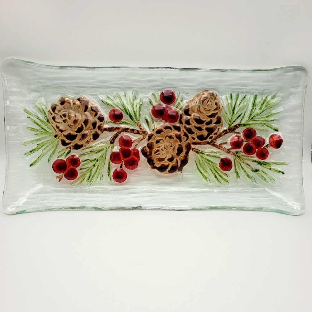 Folio Art Glass Fused Glass Rectangle Holly and Pinecone Tray Platter 14.5"x 7"